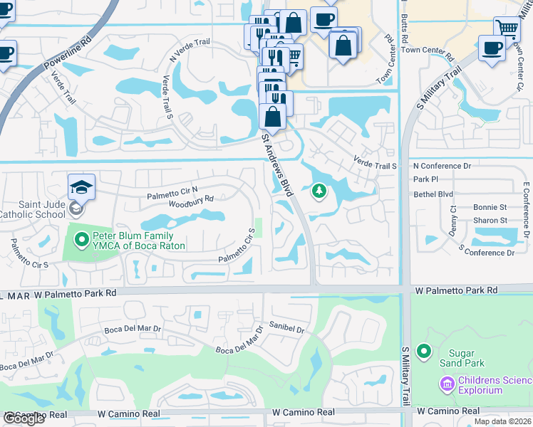 map of restaurants, bars, coffee shops, grocery stores, and more near 21657 Town Place Drive in Boca Raton