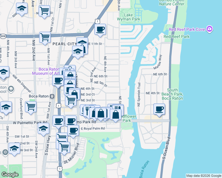 map of restaurants, bars, coffee shops, grocery stores, and more near 434 Northeast 5th Street in Boca Raton