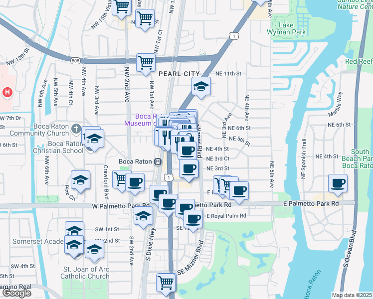 map of restaurants, bars, coffee shops, grocery stores, and more near 410 Plaza Real in Boca Raton