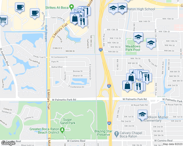 map of restaurants, bars, coffee shops, grocery stores, and more near 500 East Conference Drive in Boca Raton