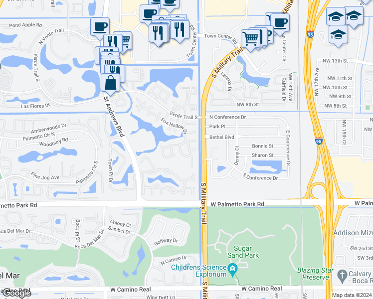 map of restaurants, bars, coffee shops, grocery stores, and more near 21671 Cromwell Circle in Boca Raton