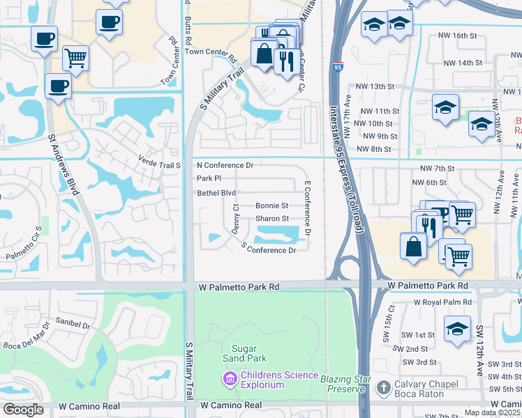 map of restaurants, bars, coffee shops, grocery stores, and more near 2002 Bonnie Street in Boca Raton