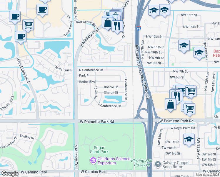 map of restaurants, bars, coffee shops, grocery stores, and more near 2002 Bonnie Street in Boca Raton