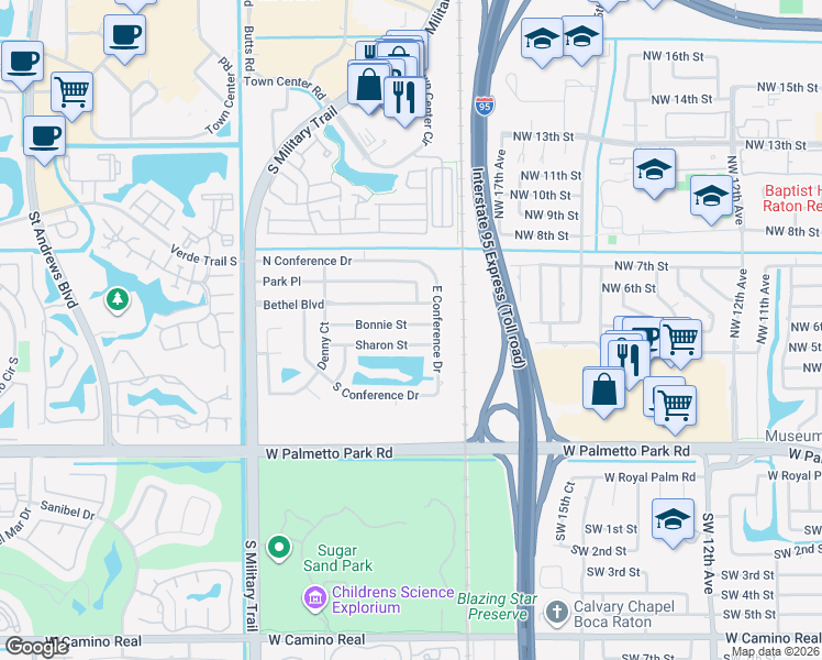 map of restaurants, bars, coffee shops, grocery stores, and more near 1938 Bonnie Street in Boca Raton