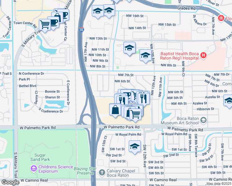 map of restaurants, bars, coffee shops, grocery stores, and more near 1398 Northwest 14th Court in Boca Raton