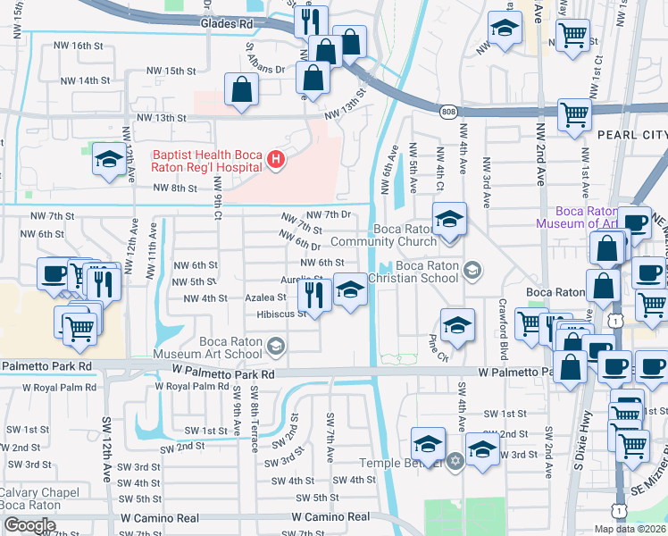 map of restaurants, bars, coffee shops, grocery stores, and more near 732 Northwest 6th Street in Boca Raton