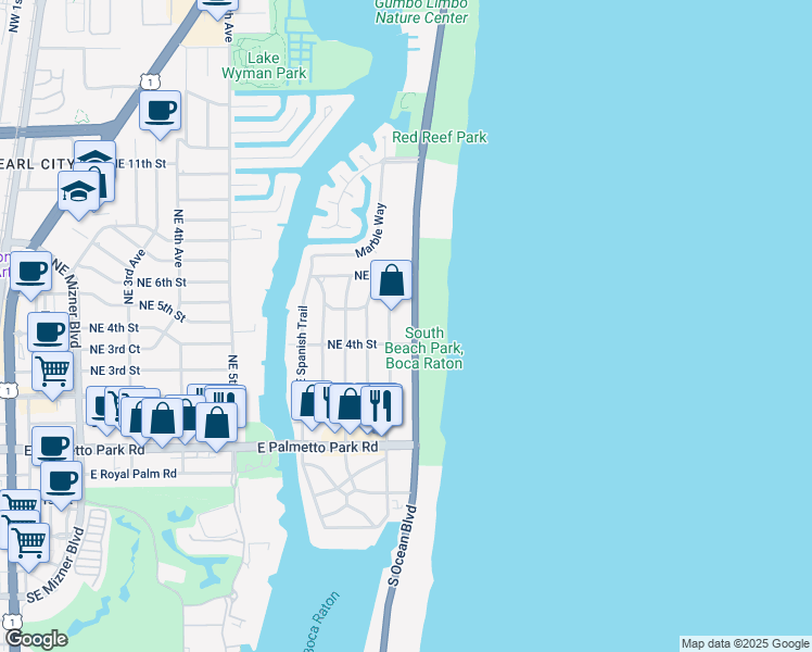 map of restaurants, bars, coffee shops, grocery stores, and more near 461 Northeast Wavecrest Way in Boca Raton
