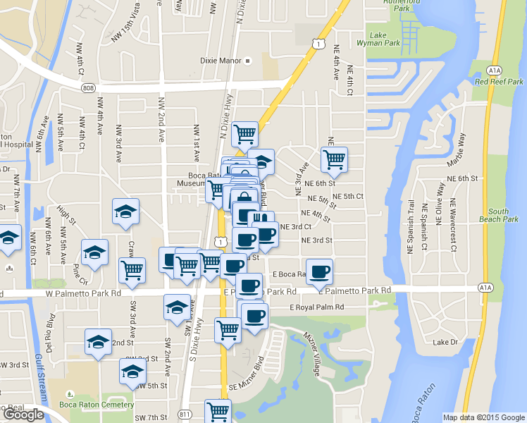 map of restaurants, bars, coffee shops, grocery stores, and more near 401 Northeast Mizner Boulevard in Boca Raton