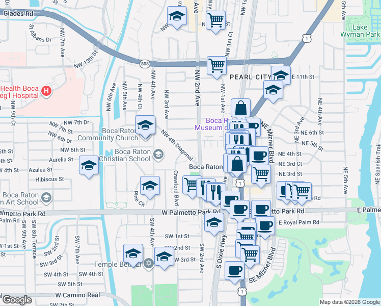 map of restaurants, bars, coffee shops, grocery stores, and more near 235 Northwest 4th Diagonal in Boca Raton
