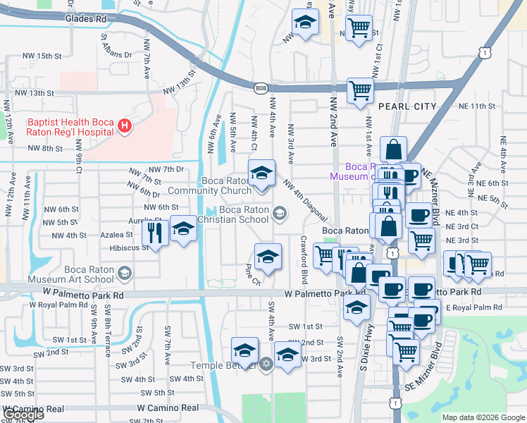 map of restaurants, bars, coffee shops, grocery stores, and more near 555 Northwest 4th Avenue in Boca Raton