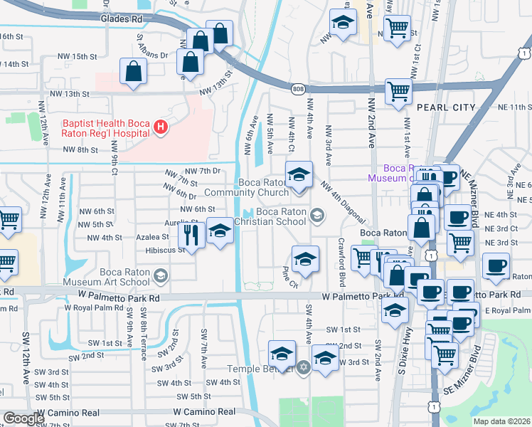 map of restaurants, bars, coffee shops, grocery stores, and more near 598 Northwest 6th Street in Boca Raton