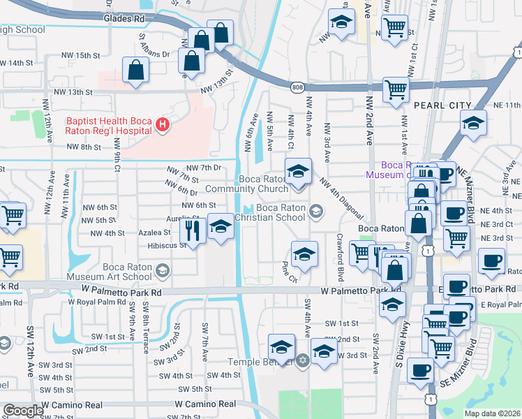 map of restaurants, bars, coffee shops, grocery stores, and more near 598 Northwest 6th Street in Boca Raton