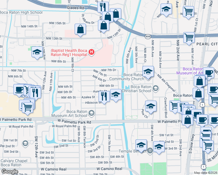 map of restaurants, bars, coffee shops, grocery stores, and more near 732 Northwest 6th Street in Boca Raton