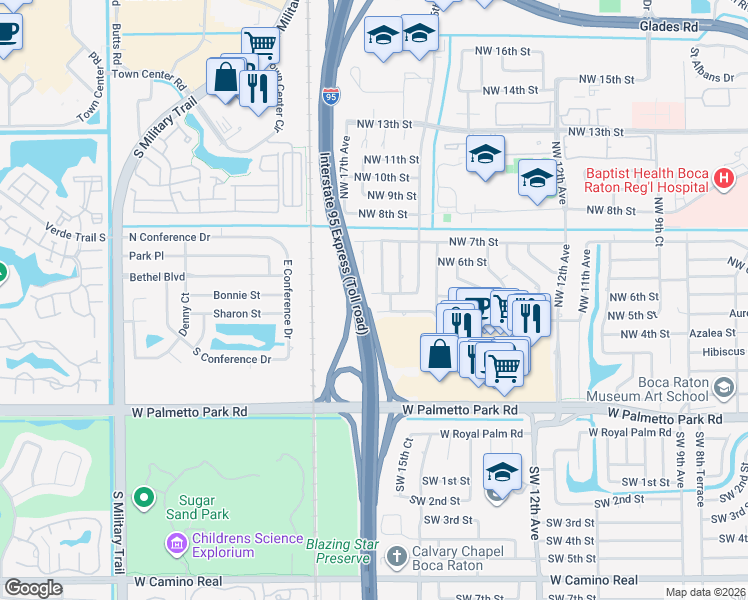 map of restaurants, bars, coffee shops, grocery stores, and more near 1632 Northwest 5th Street in Boca Raton