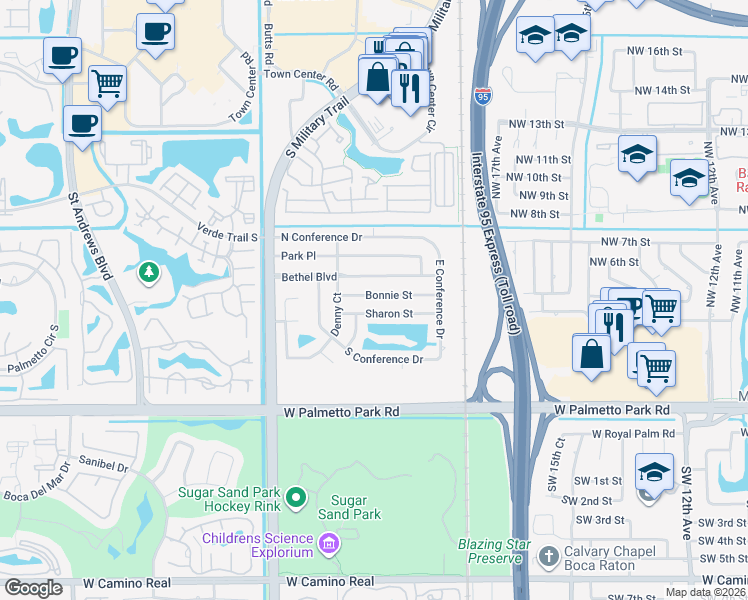 map of restaurants, bars, coffee shops, grocery stores, and more near 2002 Bonnie Street in Boca Raton