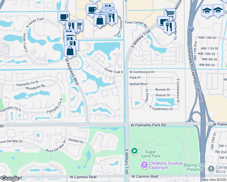 map of restaurants, bars, coffee shops, grocery stores, and more near 5539 Ashpon Court in Boca Raton