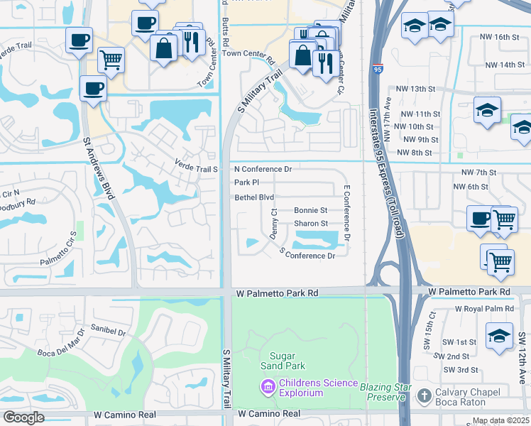 map of restaurants, bars, coffee shops, grocery stores, and more near 498 West Conference Drive in Boca Raton
