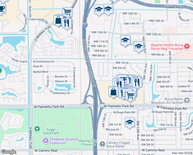 map of restaurants, bars, coffee shops, grocery stores, and more near 1632 Northwest 5th Street in Boca Raton