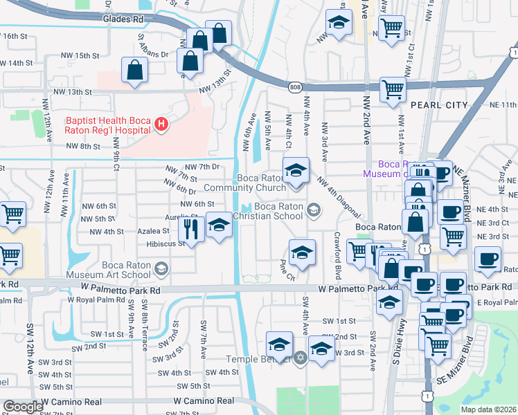 map of restaurants, bars, coffee shops, grocery stores, and more near 598 Northwest 6th Street in Boca Raton