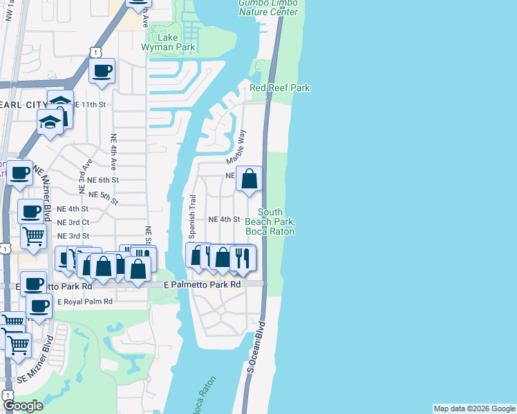 map of restaurants, bars, coffee shops, grocery stores, and more near 461 Northeast Wavecrest Way in Boca Raton