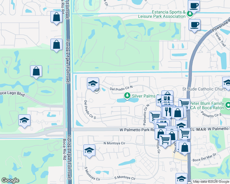 map of restaurants, bars, coffee shops, grocery stores, and more near 7631 Silver Woods Court in Boca Raton