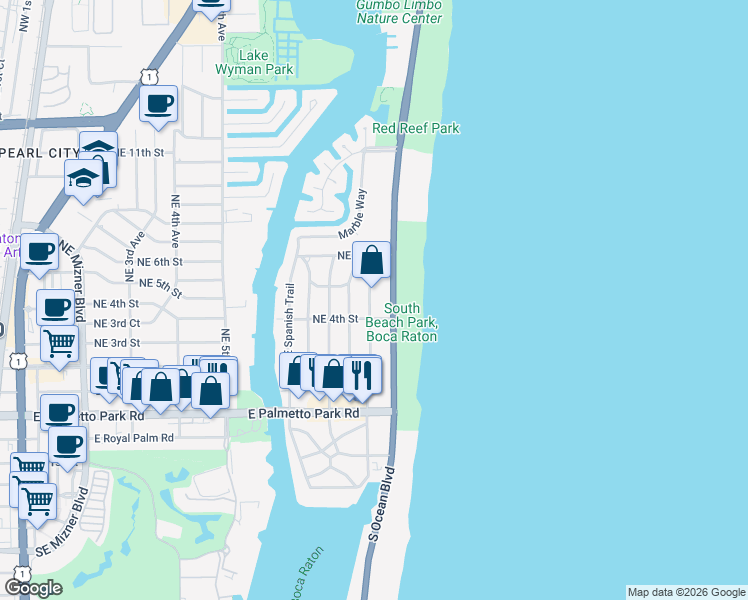 map of restaurants, bars, coffee shops, grocery stores, and more near 444 Northeast Wavecrest Way in Boca Raton