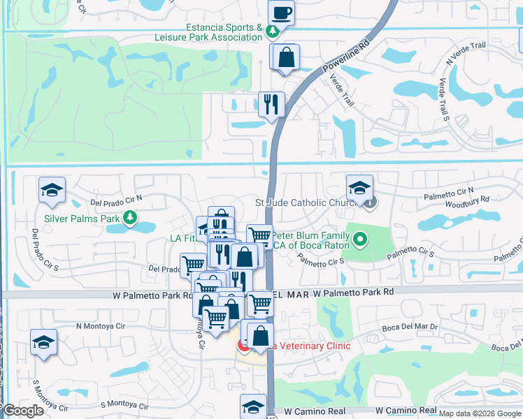 map of restaurants, bars, coffee shops, grocery stores, and more near 7012 San Sebastian Circle in Boca Raton