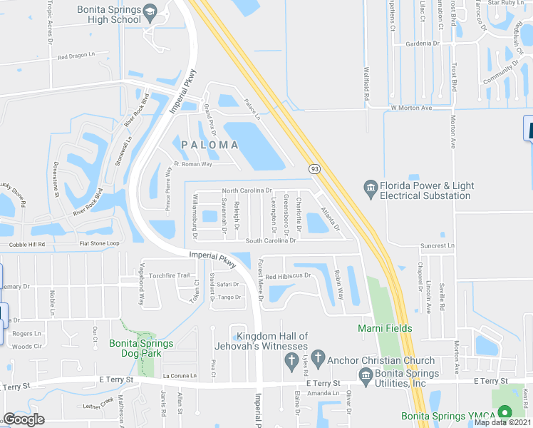 map of restaurants, bars, coffee shops, grocery stores, and more near 26300 Southern Pines Drive in Bonita Springs