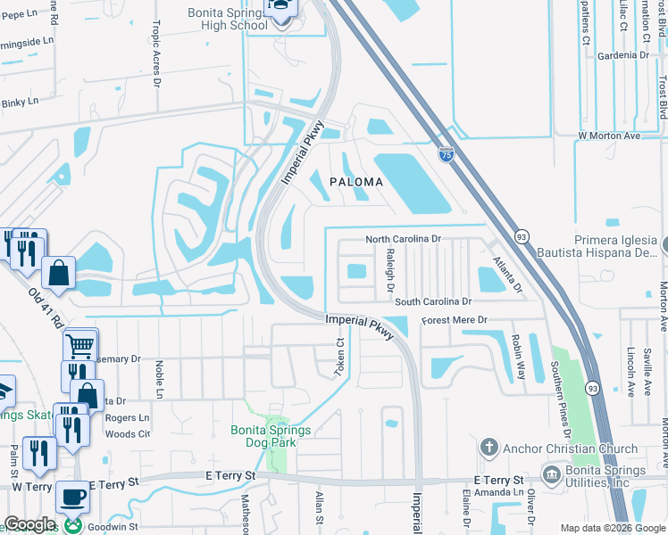 map of restaurants, bars, coffee shops, grocery stores, and more near 26348 Williamsburg Drive in Bonita Springs