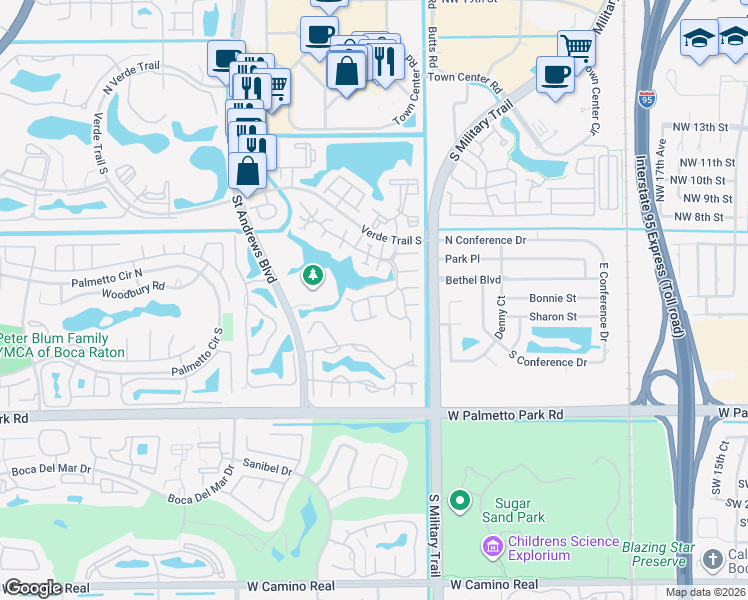 map of restaurants, bars, coffee shops, grocery stores, and more near 21676 Wessex Way in Boca Raton