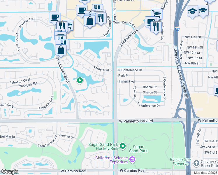 map of restaurants, bars, coffee shops, grocery stores, and more near 5531 Ashpon Court in Boca Raton