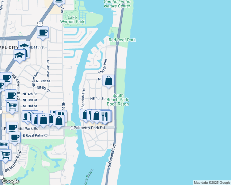 map of restaurants, bars, coffee shops, grocery stores, and more near 461 North Ocean Boulevard in Boca Raton