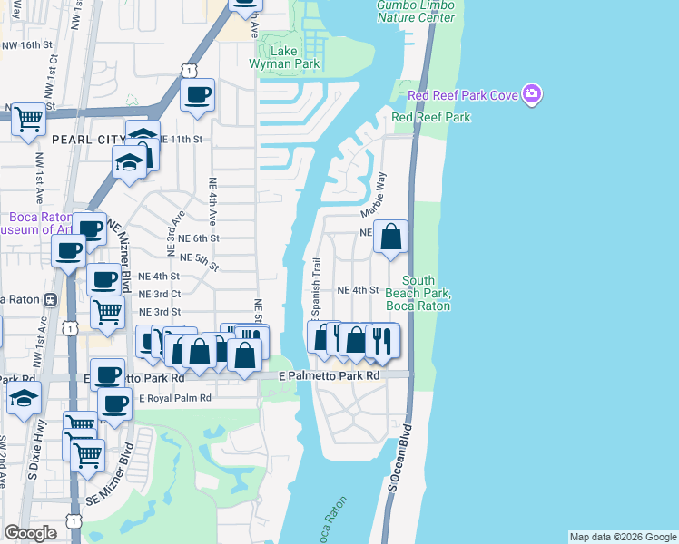 map of restaurants, bars, coffee shops, grocery stores, and more near 460 Northeast Spanish Trail in Boca Raton