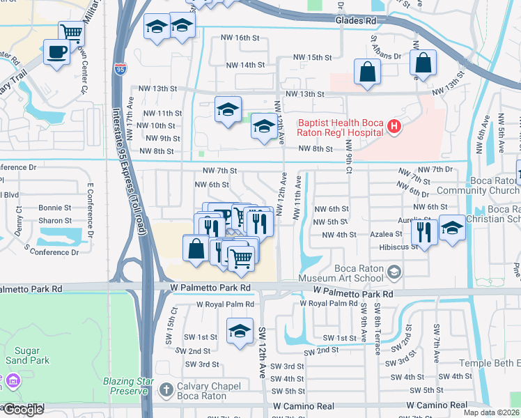 map of restaurants, bars, coffee shops, grocery stores, and more near 516 Northwest 12th Terrace in Boca Raton
