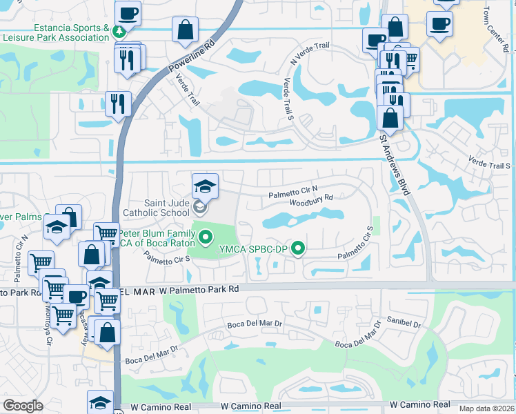 map of restaurants, bars, coffee shops, grocery stores, and more near 21589 Willow Tree Road in Boca Raton