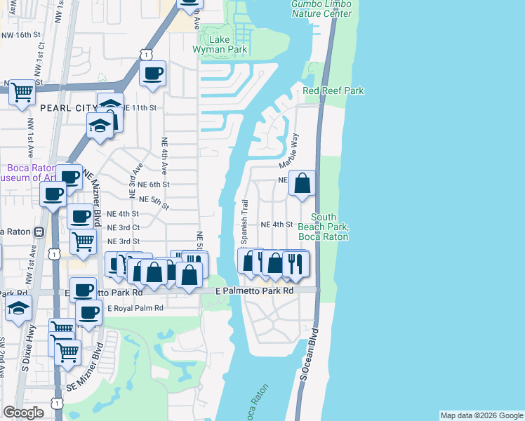 map of restaurants, bars, coffee shops, grocery stores, and more near 460 Northeast Spanish Trail in Boca Raton
