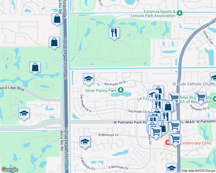 map of restaurants, bars, coffee shops, grocery stores, and more near 7631 Silver Woods Court in Boca Raton