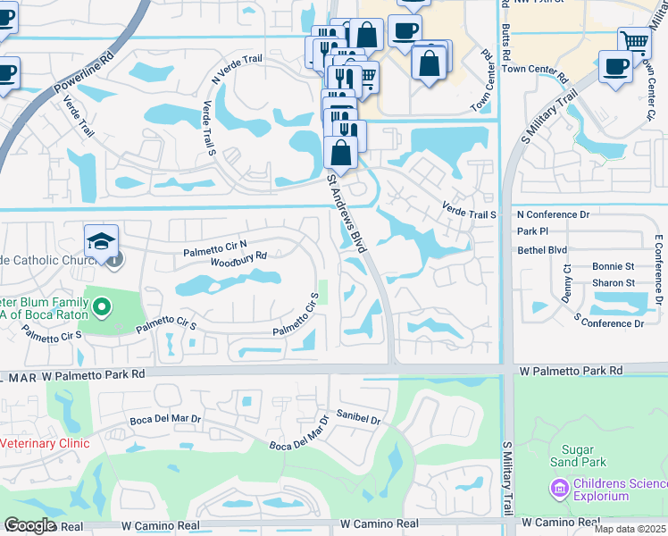 map of restaurants, bars, coffee shops, grocery stores, and more near 21657 Town Place Drive in Boca Raton