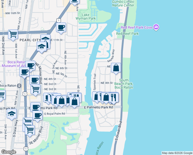 map of restaurants, bars, coffee shops, grocery stores, and more near 460 Northeast Spanish Trail in Boca Raton