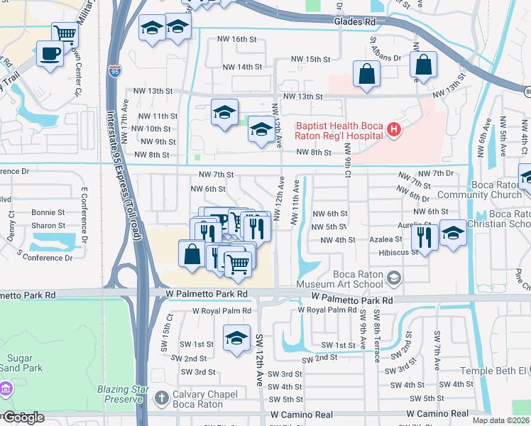 map of restaurants, bars, coffee shops, grocery stores, and more near 516 Northwest 12th Terrace in Boca Raton