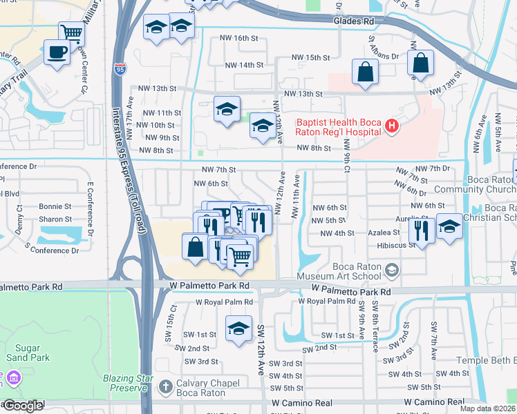 map of restaurants, bars, coffee shops, grocery stores, and more near 516 Northwest 12th Terrace in Boca Raton