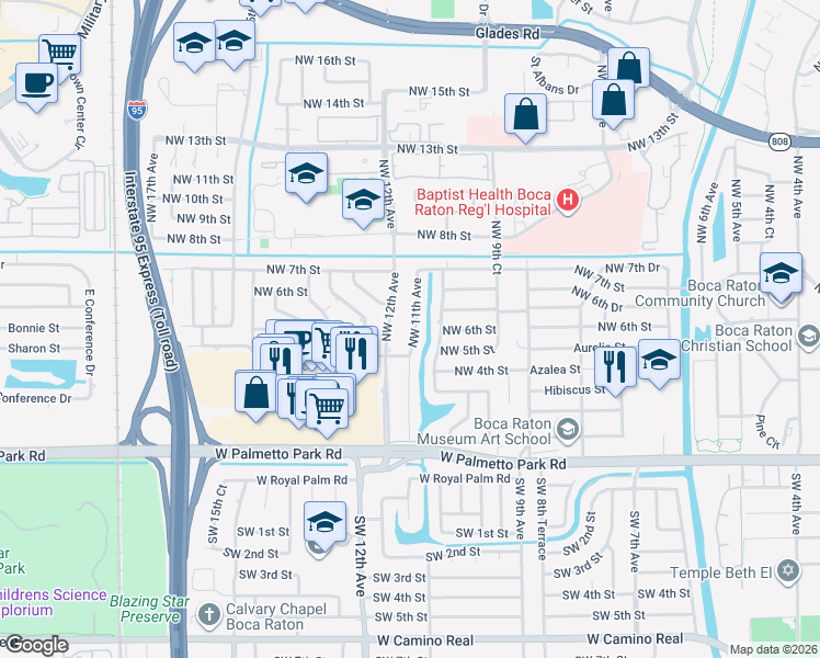 map of restaurants, bars, coffee shops, grocery stores, and more near 481 Northwest 11th Avenue in Boca Raton