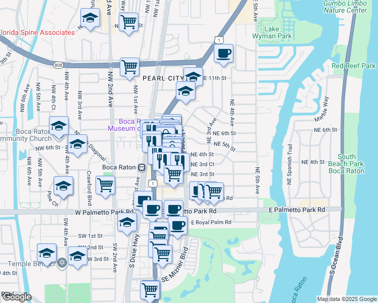 map of restaurants, bars, coffee shops, grocery stores, and more near 201 Northeast 4th Street in Boca Raton