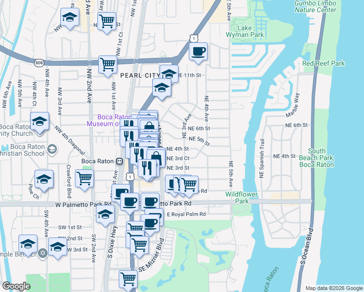 map of restaurants, bars, coffee shops, grocery stores, and more near 299 NE 4th St in Boca Raton