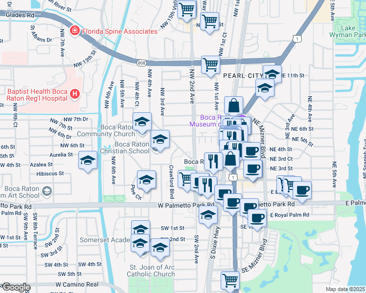map of restaurants, bars, coffee shops, grocery stores, and more near 235 Northwest 4th Diagonal in Boca Raton