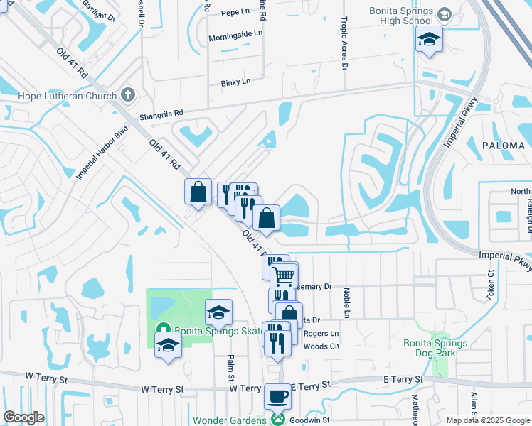 map of restaurants, bars, coffee shops, grocery stores, and more near 26420 Lucky Stone Road in Bonita Springs