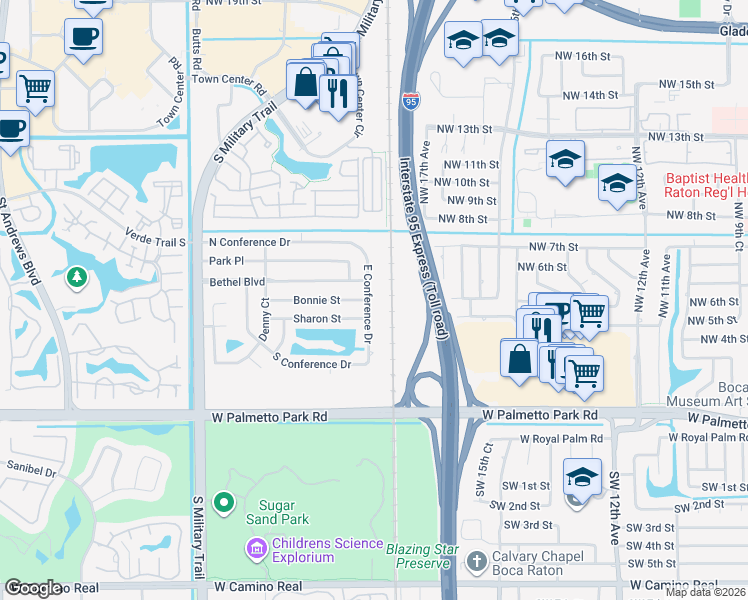 map of restaurants, bars, coffee shops, grocery stores, and more near 500 East Conference Drive in Boca Raton