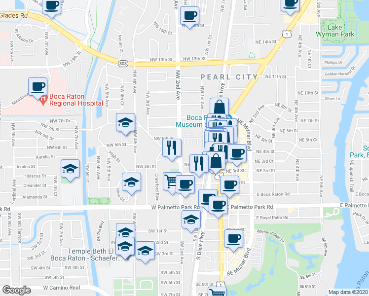 map of restaurants, bars, coffee shops, grocery stores, and more near 566 Northwest Dickens Court in Boca Raton