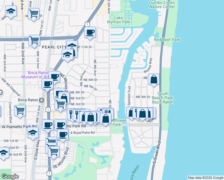 map of restaurants, bars, coffee shops, grocery stores, and more near 500 Northeast 5th Avenue in Boca Raton