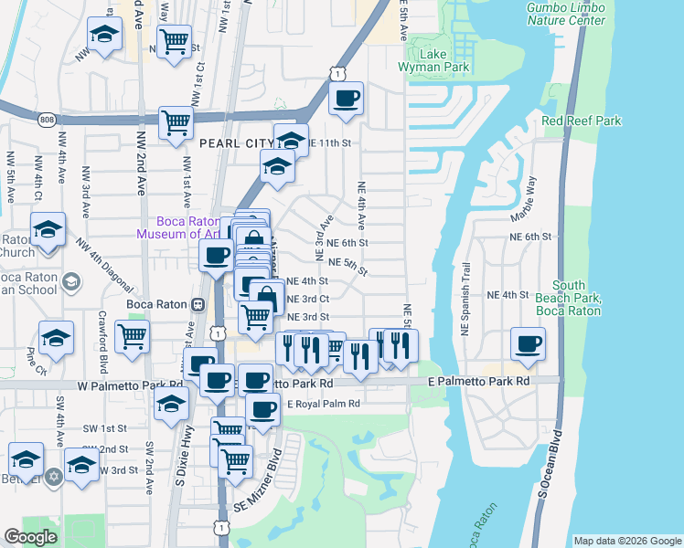 map of restaurants, bars, coffee shops, grocery stores, and more near 399 Northeast 4th Street in Boca Raton